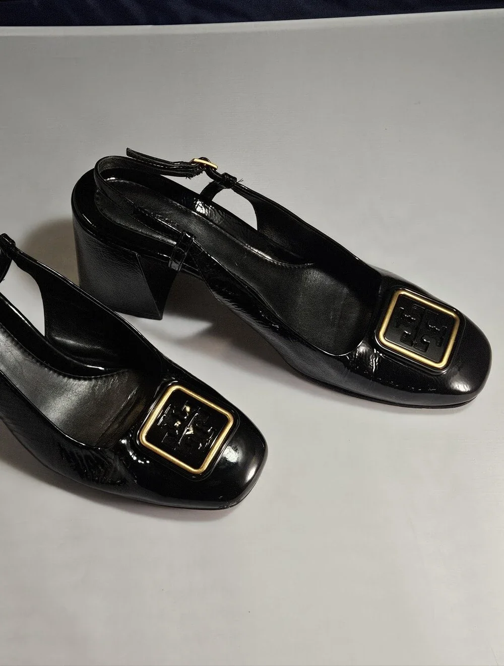 Authentic Tory Burch Black Patent Slingback Block Heel Pumps